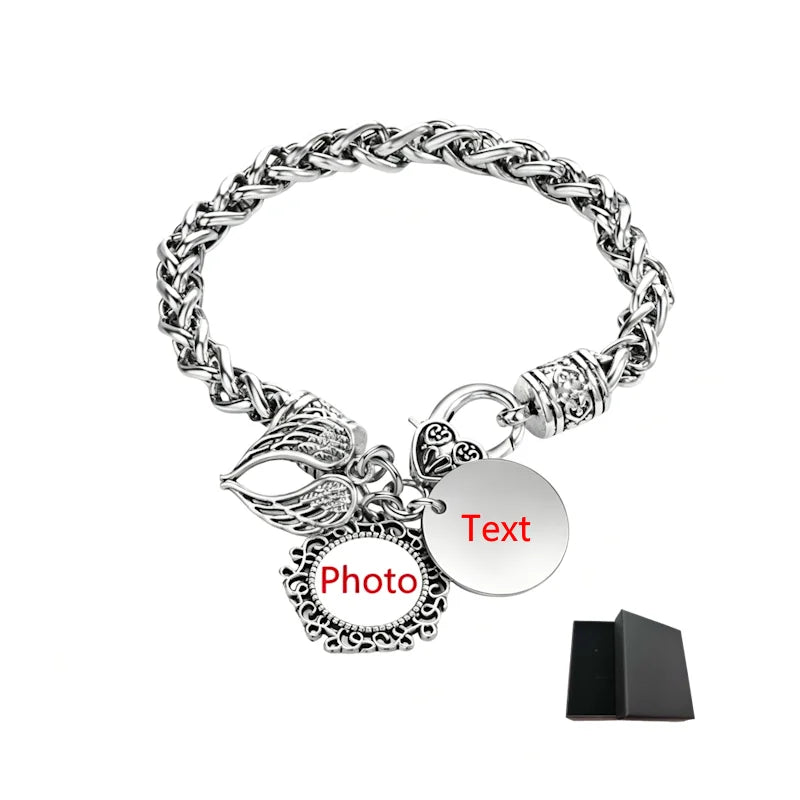 Always With Me Personalized Memorial Photo Bracelet – Angel Wing Remembrance Jewelry