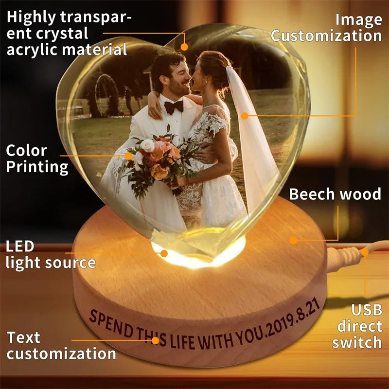 Personalized Crystal Heart Memorial Photo Keepsake with Lighted Base
