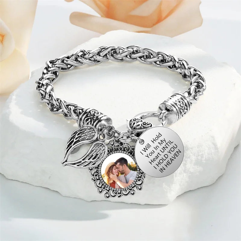 Always With Me Personalized Memorial Photo Bracelet – Angel Wing Remembrance Jewelry