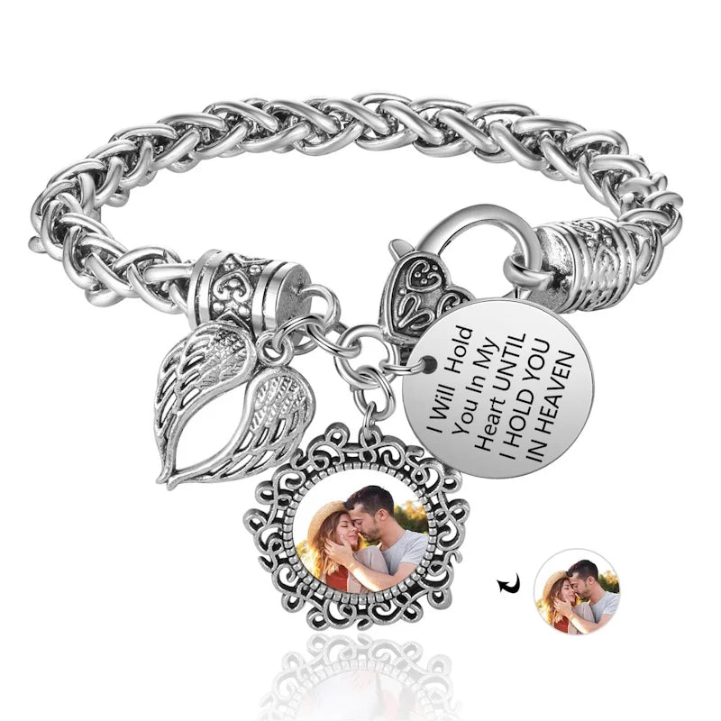 Always With Me Personalized Memorial Photo Bracelet – Angel Wing Remembrance Jewelry