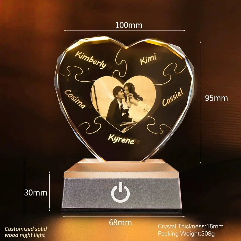 Personalized Crystal Heart Memorial Photo Keepsake with Lighted Base
