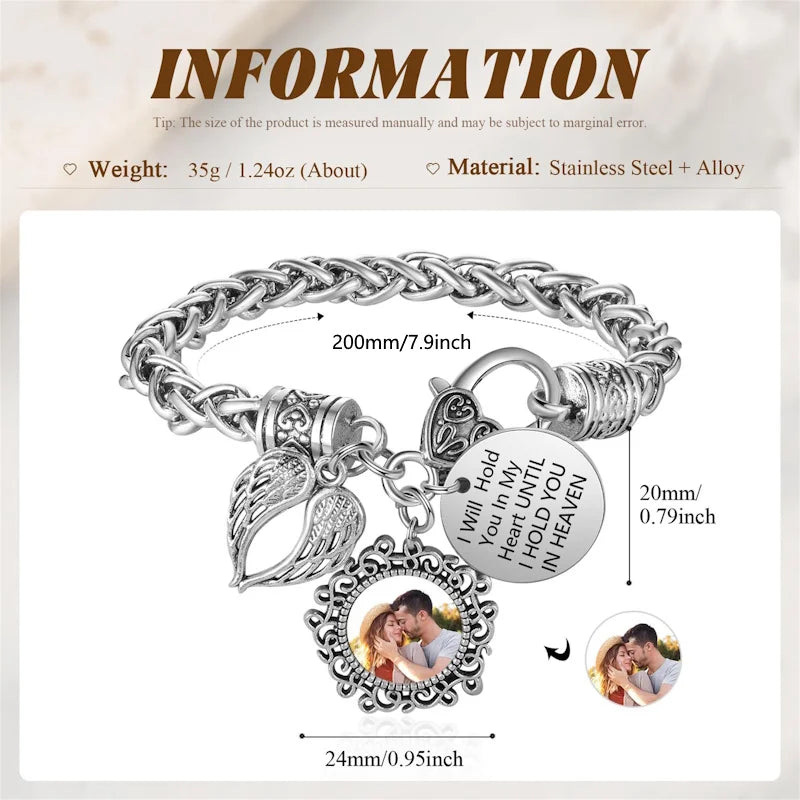 Always With Me Personalized Memorial Photo Bracelet – Angel Wing Remembrance Jewelry