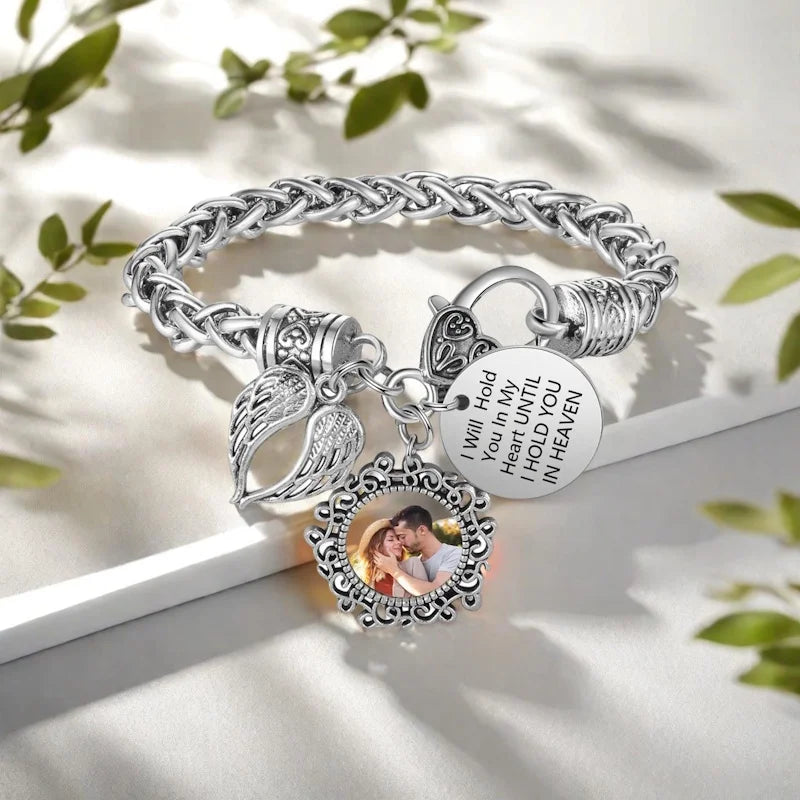 Always With Me Personalized Memorial Photo Bracelet – Angel Wing Remembrance Jewelry