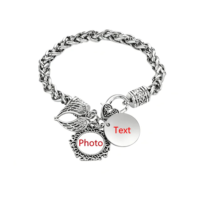 Always With Me Personalized Memorial Photo Bracelet – Angel Wing Remembrance Jewelry