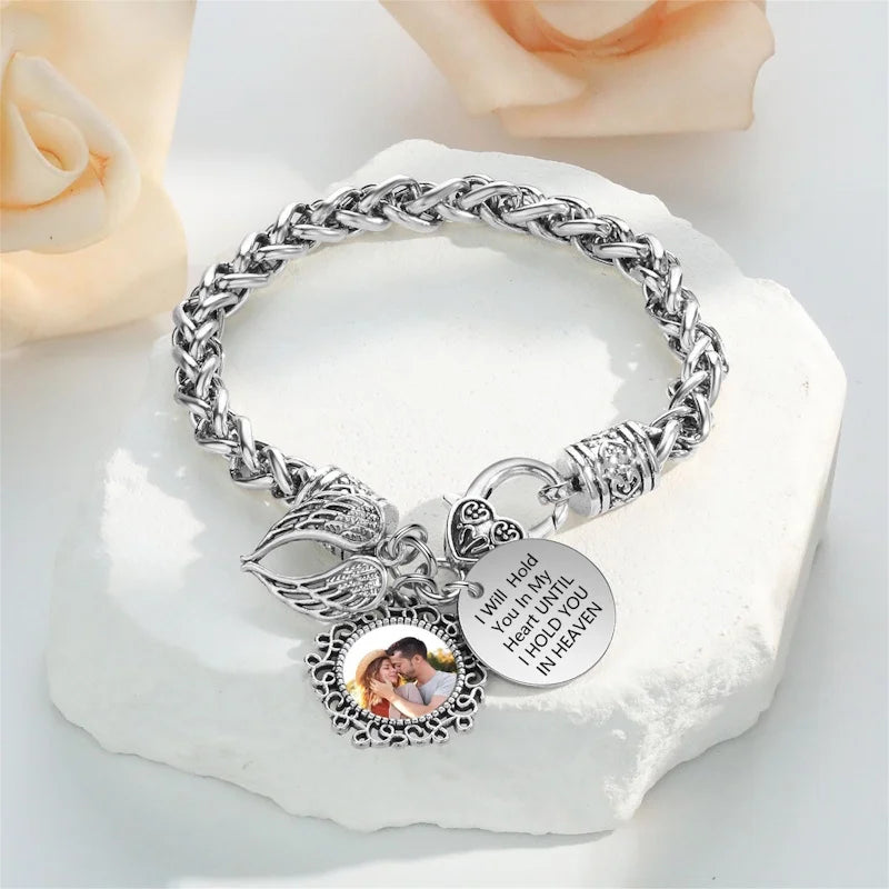 Always With Me Personalized Memorial Photo Bracelet – Angel Wing Remembrance Jewelry