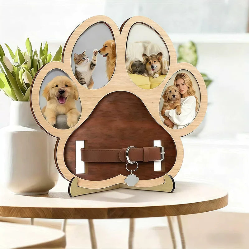Wooden Pet Paw Photo Frame Dog Cat Collar Holder Memorial Keepsake Picture Display Stand Remembrance Gift Collage Display Stand