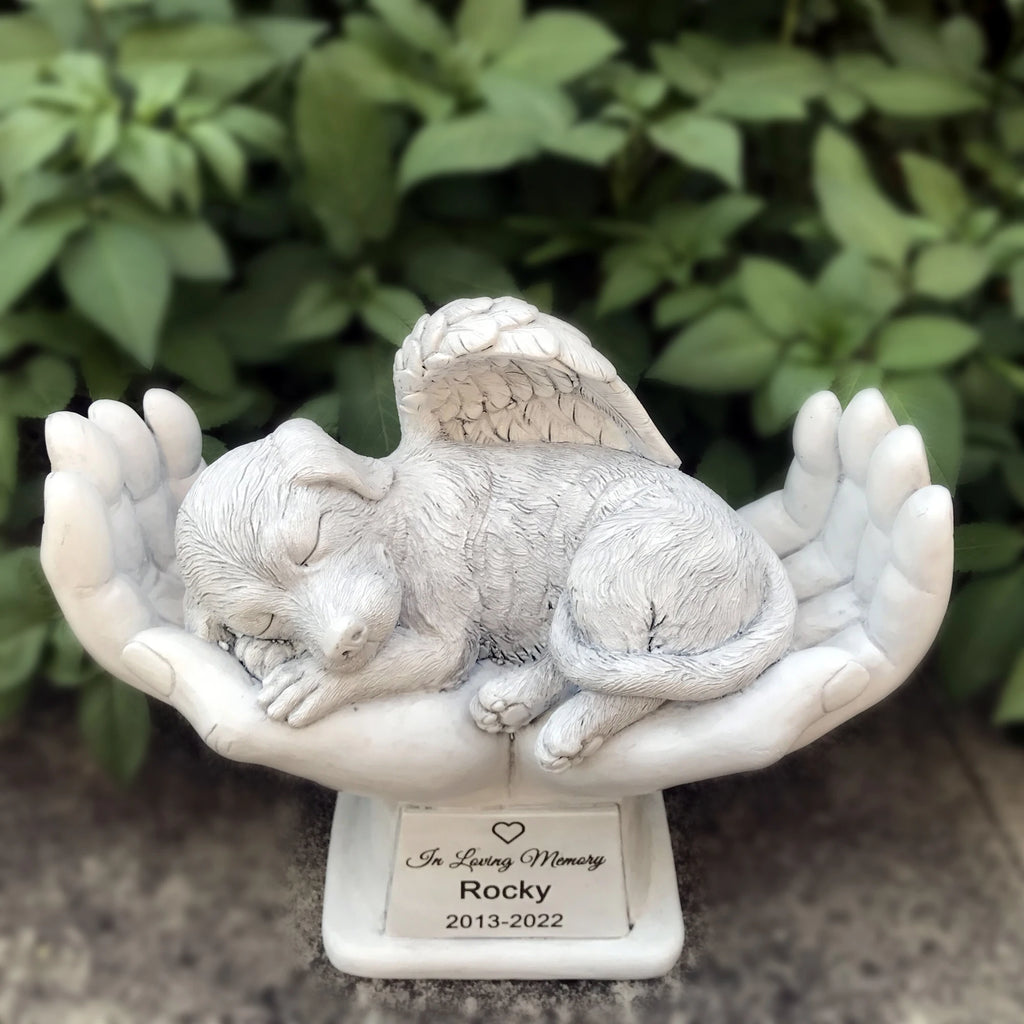 Personalized Dog Pet Grave Markers Memorial Angel Statue Stone with in God's Hands, Dog Pet Headstone Garden Stone