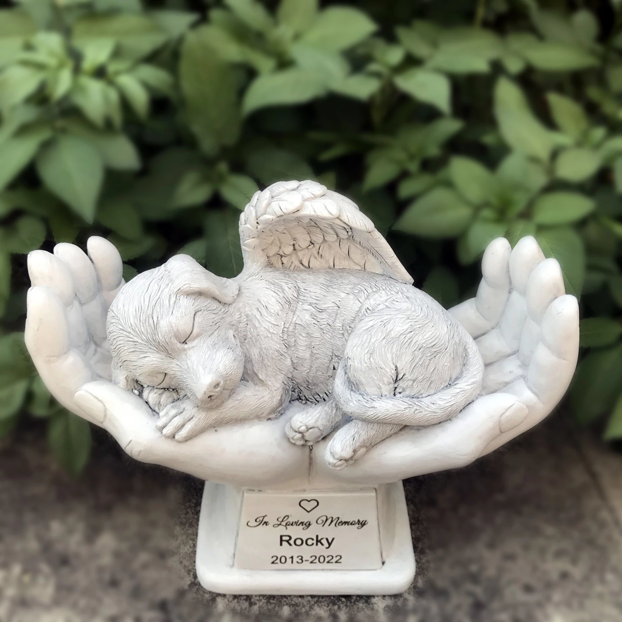 Personalized Dog Pet Grave Markers Memorial Angel Statue Stone with in God's Hands, Dog Pet Headstone Garden Stone