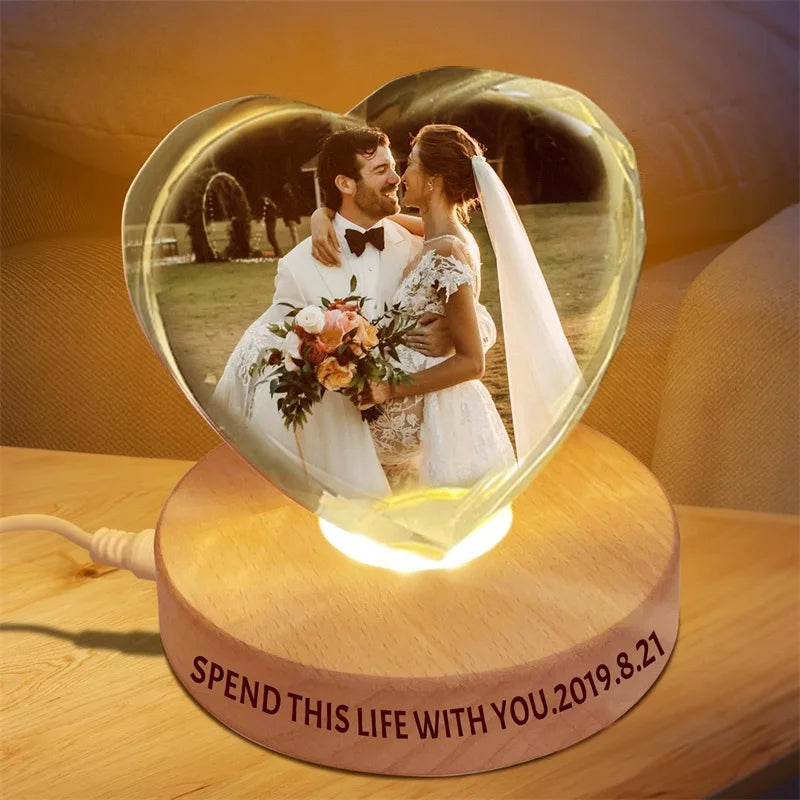 Personalized Crystal Heart Memorial Photo Keepsake with Lighted Base