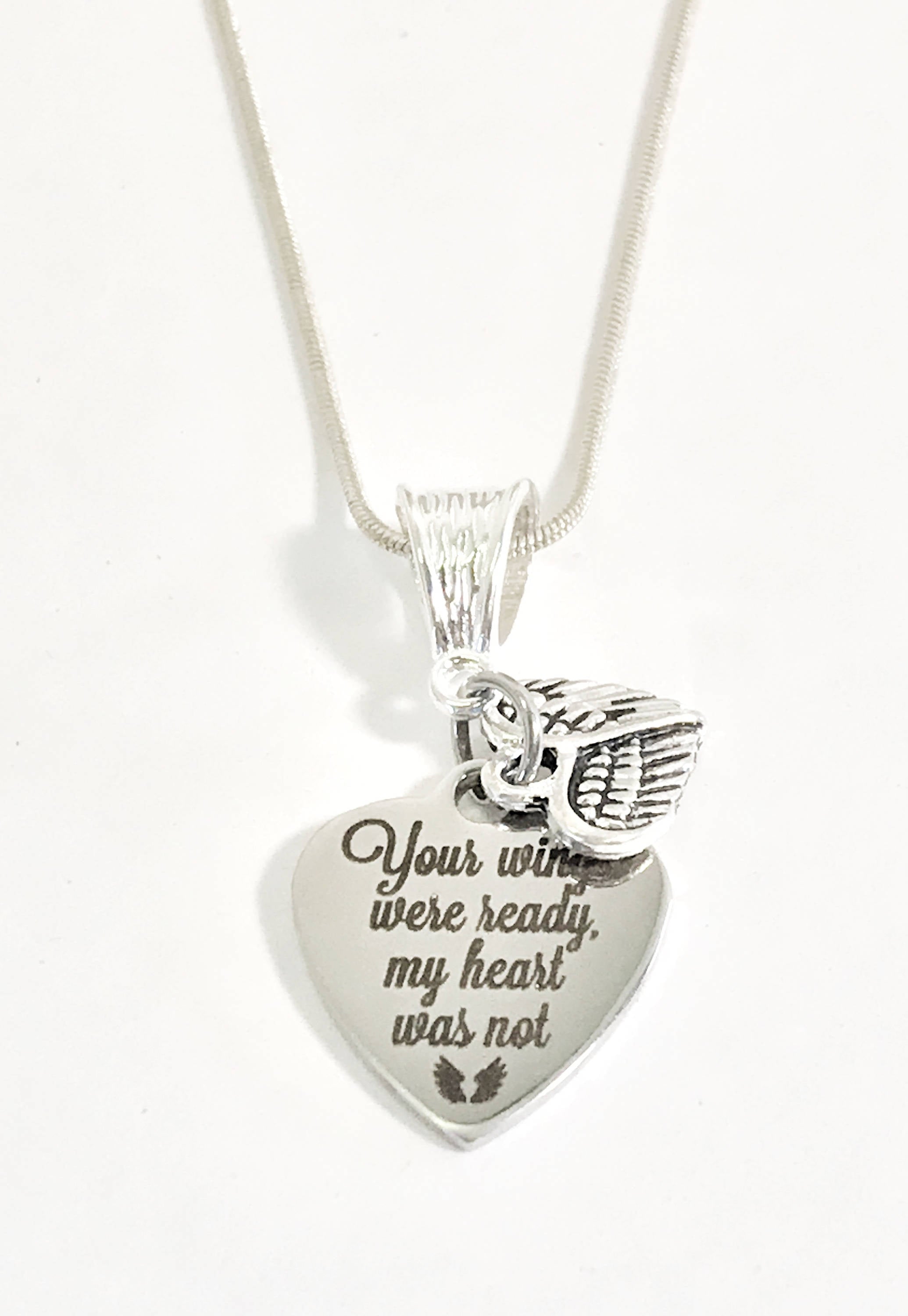 Your Wings Were Ready My Heart Was Not Heart Pendant on Silver Chain Necklace, Remembrance Necklace, Angel Wings, Sympathy Gift