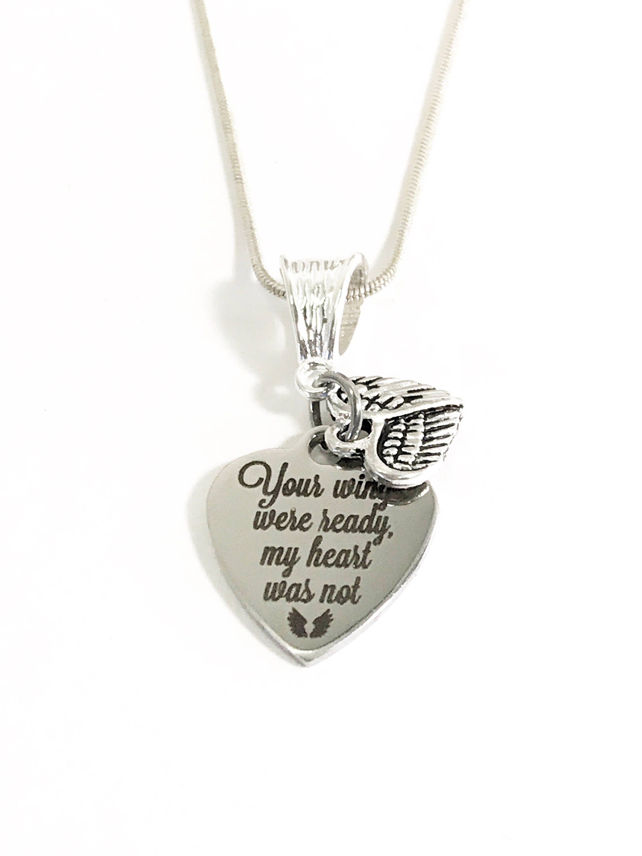 Your Wings Were Ready My Heart Was Not Heart Pendant on Silver Chain Necklace, Remembrance Necklace, Angel Wings, Sympathy Gift